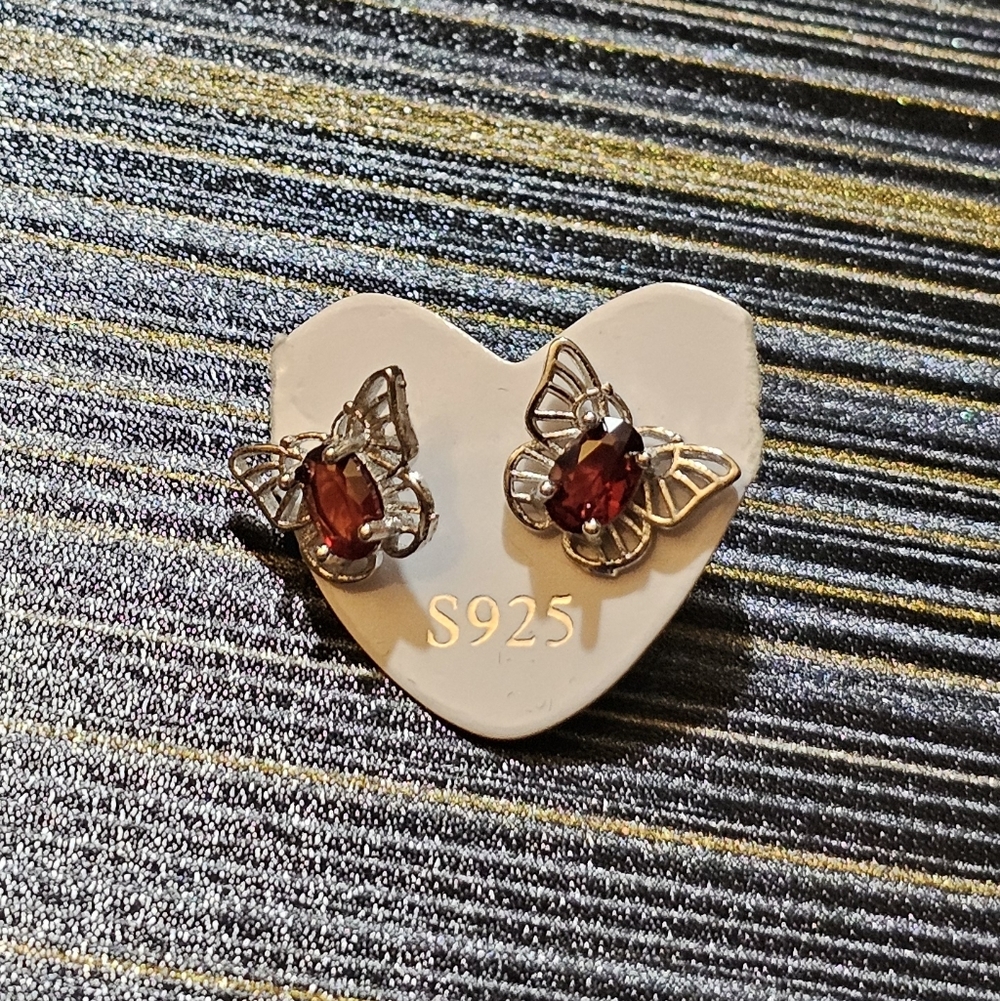 Butterfly With Garnet Gemstones Post Earrings